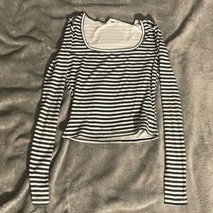 Bluenotes Black and White Striped Cropped Long Sleeve Top